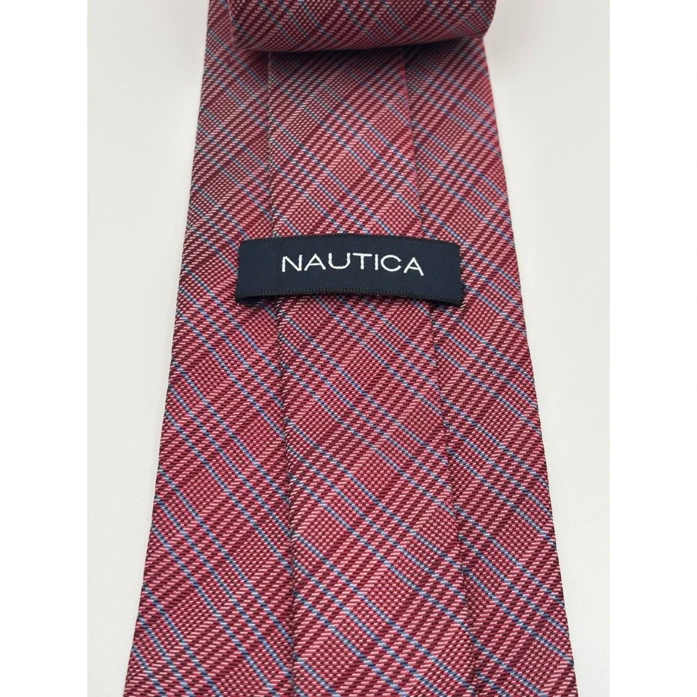 Nautica Mens Red Blue Plaid Textured Silk Blend Necktie Formal Business Tie
